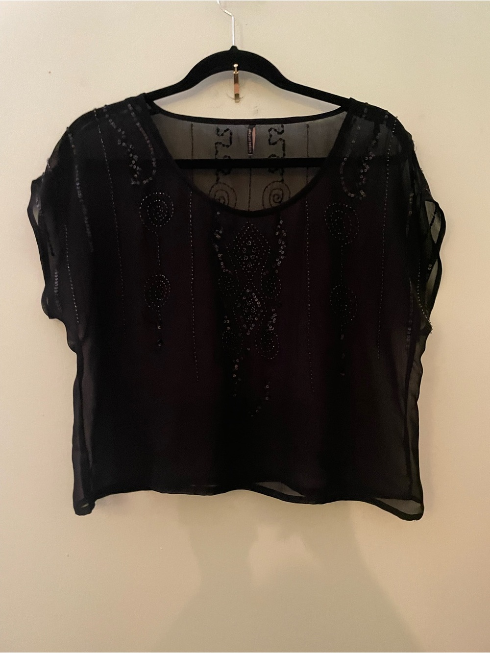 Embellished Sheer Black Short-Sleeve Blouse